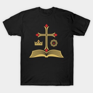 Cross of Jesus Christ, open bible and royal symbols. T-Shirt